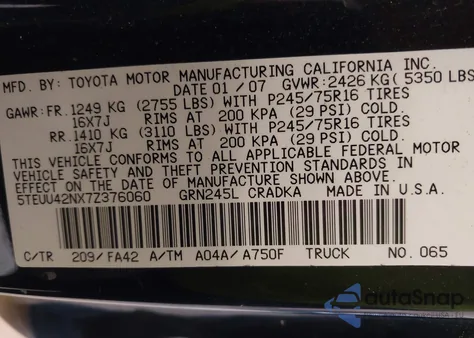 2007 Toyota Tacoma Base V6 z USA, uszkodzony, nr VIN 5TEUU42NX7Z376060